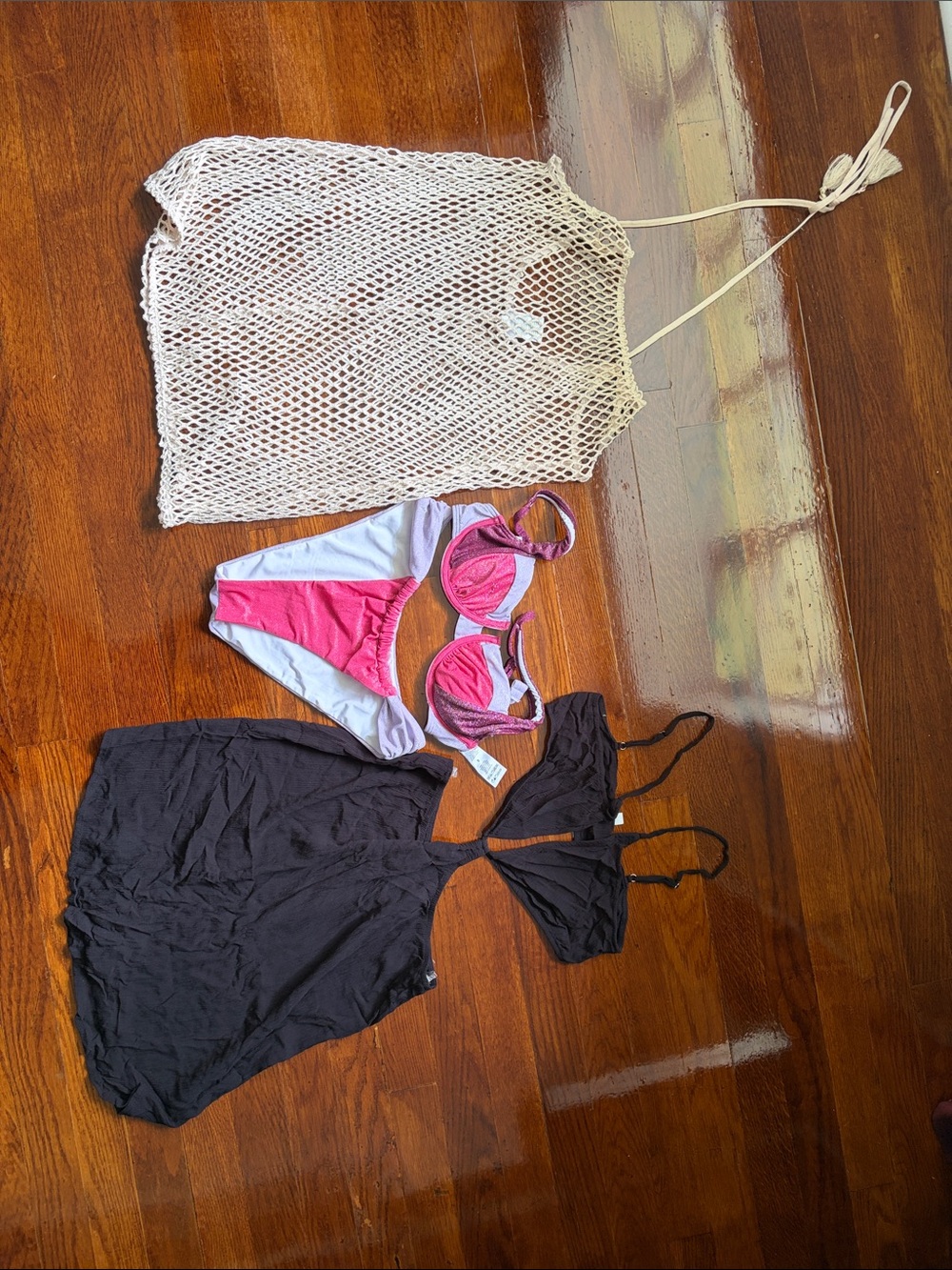 VENUS Pink & White Bikini Set with Cream Mesh Cover-Up and Black Cover Dress
